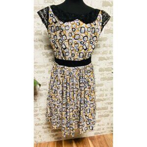 Davali Fashions Fit & Flare Dress Lace Collar Abstract Print Cap Sleeve M Cottag